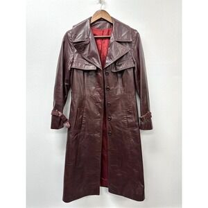Vintage 1970s Skin Flair‎ Leather Overcoat Trench Maroon XS